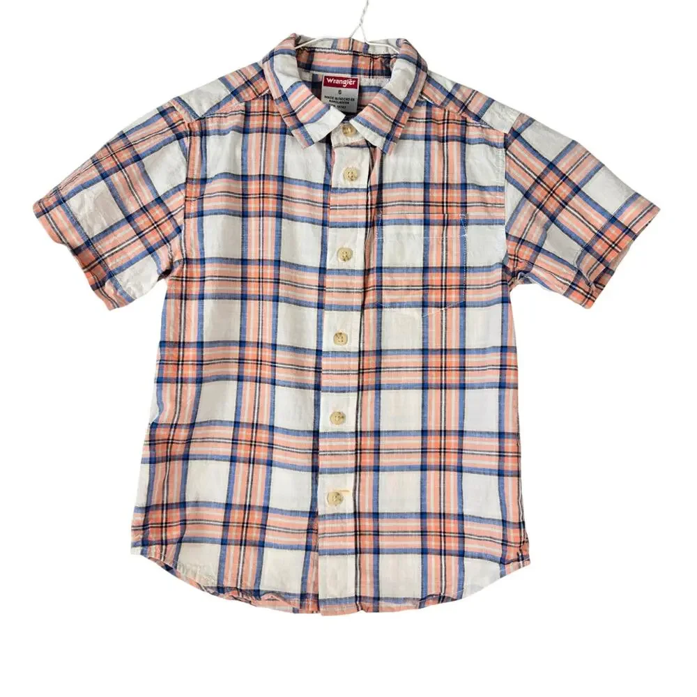 Wrangler Classic Cowboy Button Down Shirt Orange Blue White Check Pattern Size 6
